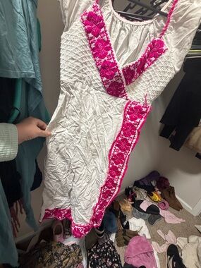 Made in Mexico White Dress with Hot Pink Embroidered Trim